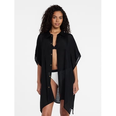 Time and Tru Women's Button Down Cover-Up, Black Soot, Sizes 2XL/3XL