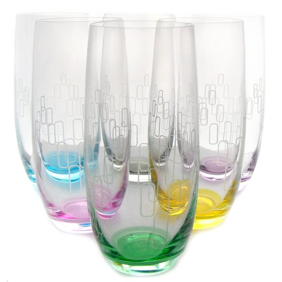 Elegant and Modern Decorative Club Rainbow Design Cocktail Highball Glass Set for Parties, Events, Wedding, Birthday Programs, and Home Bar - 12 oz Glasses, Set of 6, Assorted Colors