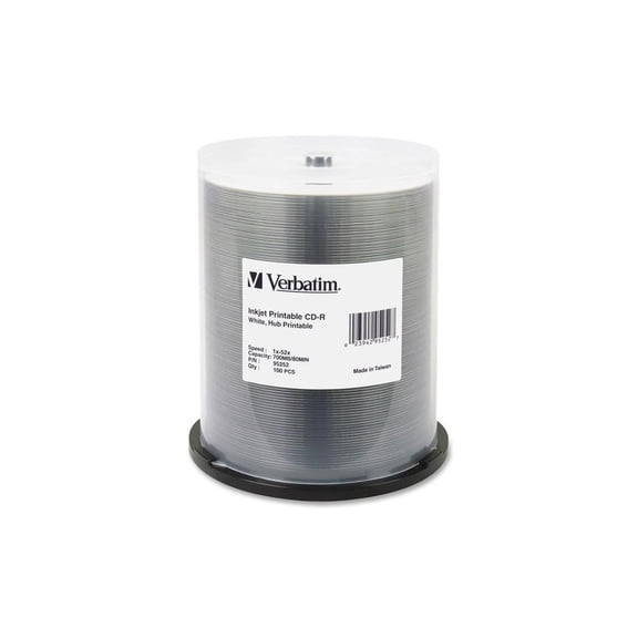 Verbatim 700 MB 52X CD-R White Inkjet Printable 100 Packs Spindle Media Model 95252