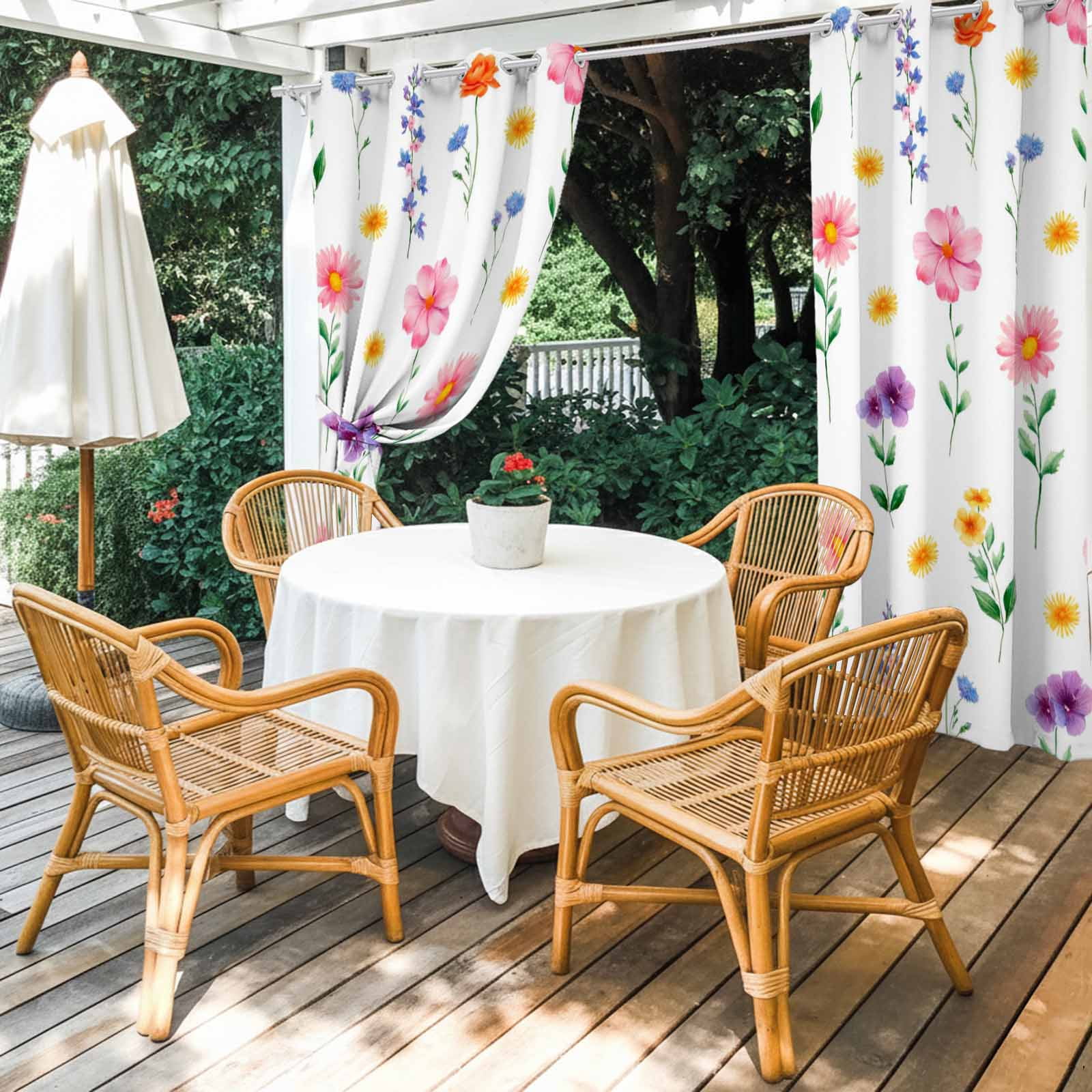 Spring Summer Wildflowers Outdoor Curtains for Patio, Pink Green Yellow Floral Sunshade Privacy Drapes Grommet Waterproof Outside Curtains for Porch/Cabana/Balcony 54"x 95", 2 Panel
