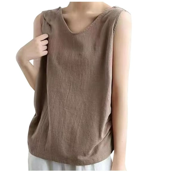 Mittory Women Linen Sleeveless Tank Tops Basic Summer Casual Crewneck Blouse