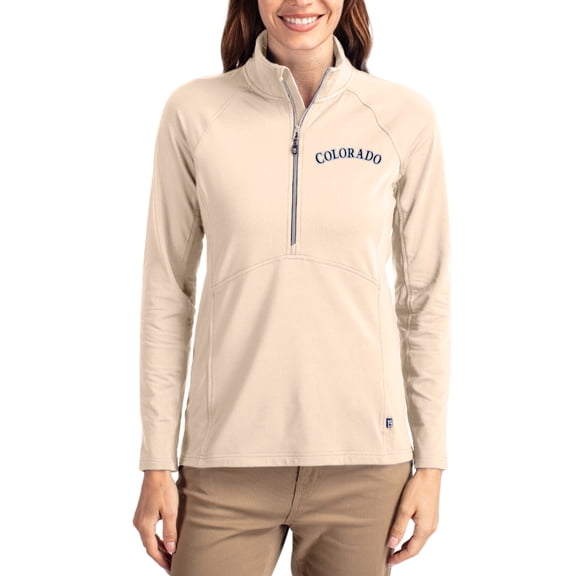 Women's Cutter & Buck Tan Colorado Rockies Cooperstown Collection Adapt Eco Knit Stretch Half-Zip Pullover