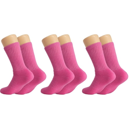 

Solid Cotton Cushion Crew Socks for Women and Men Hot Pink 3 Pairs Size 10-13