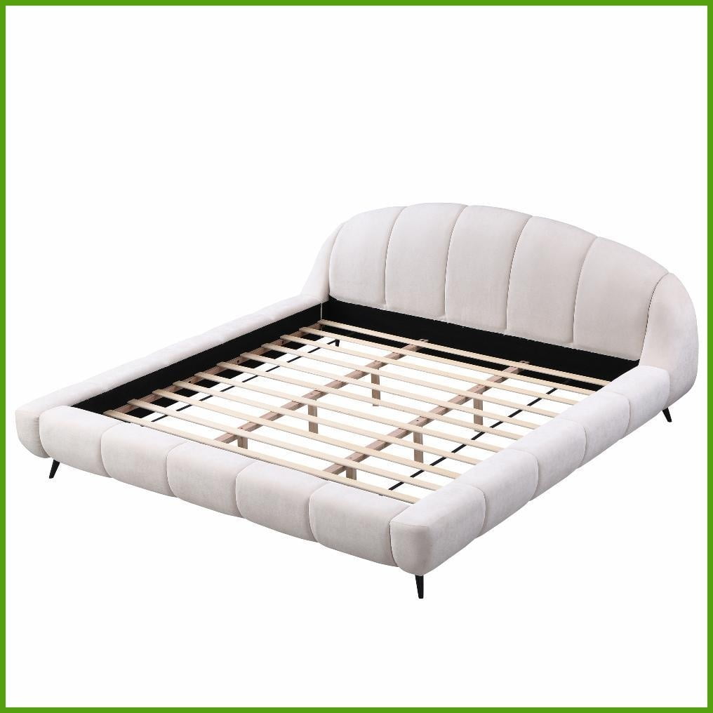 King Size Beige Chenille Upholstered Platform Bed Frame - Solid Rubberwood, No Box Spring Needed, Silent for Master Bedroom