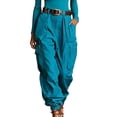 thumbnail image 2 of Karymi Pants for Women Pleated Cargo Jogger Pants, Solid Wide Leg Long Trousers, Multi Large Flap Side Pockets, Elastic Cuffed Ankle Hem (Belt Not Included) Wide Leg Pants Woman, 2 of 6