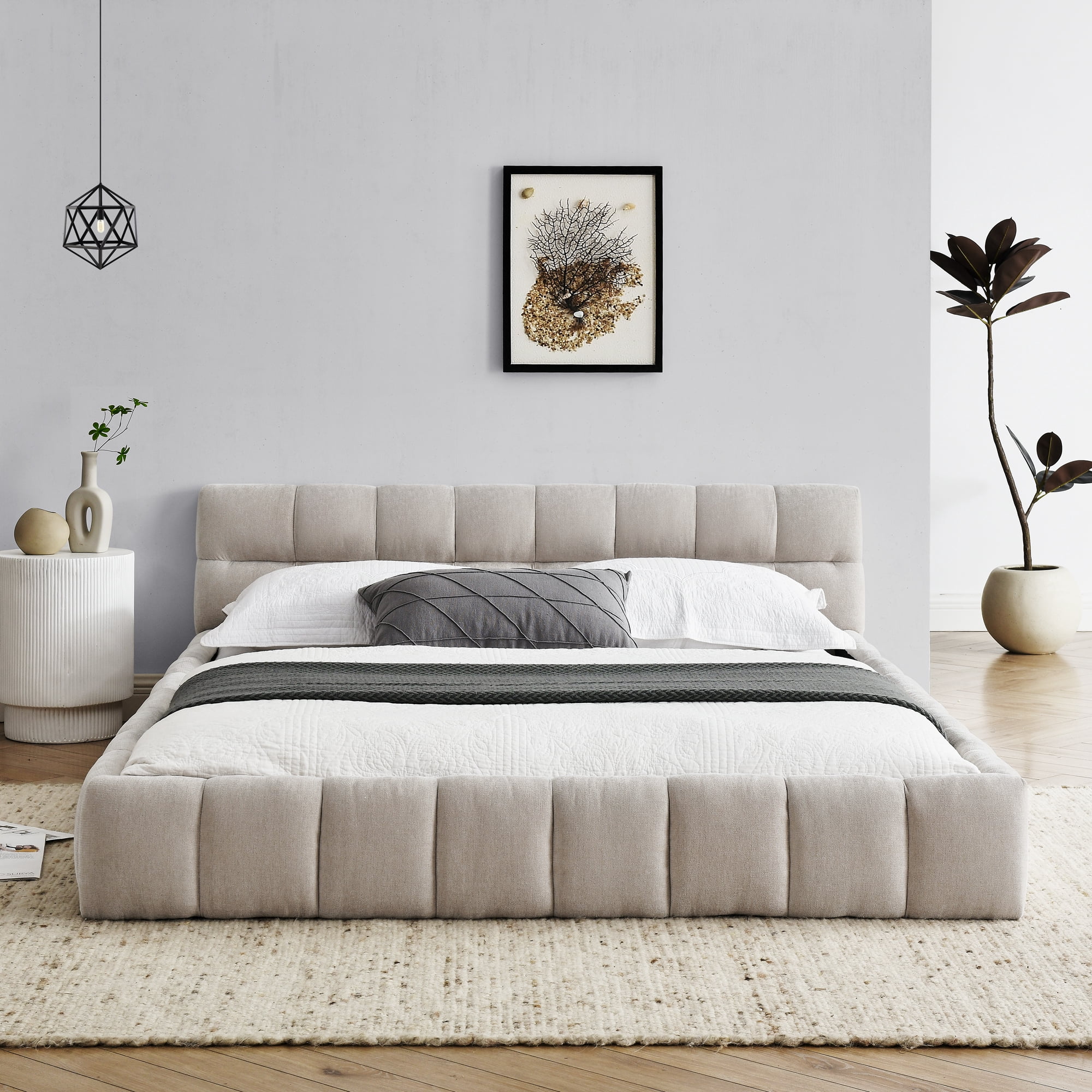 Gewnee Queen Upholstered Platform Bed, Thick Chenille, Sturdy Frame, Beige , No Box Spring Needed，Suitable for Bedrooms
