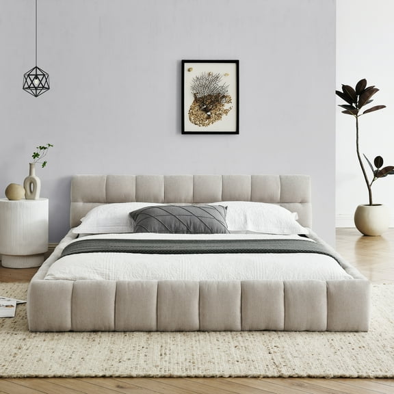 Queen Size Upholstered Platform Bed with Headboard ,Thick Chenille Fabric, Solid Frame, No Box Spring Needed