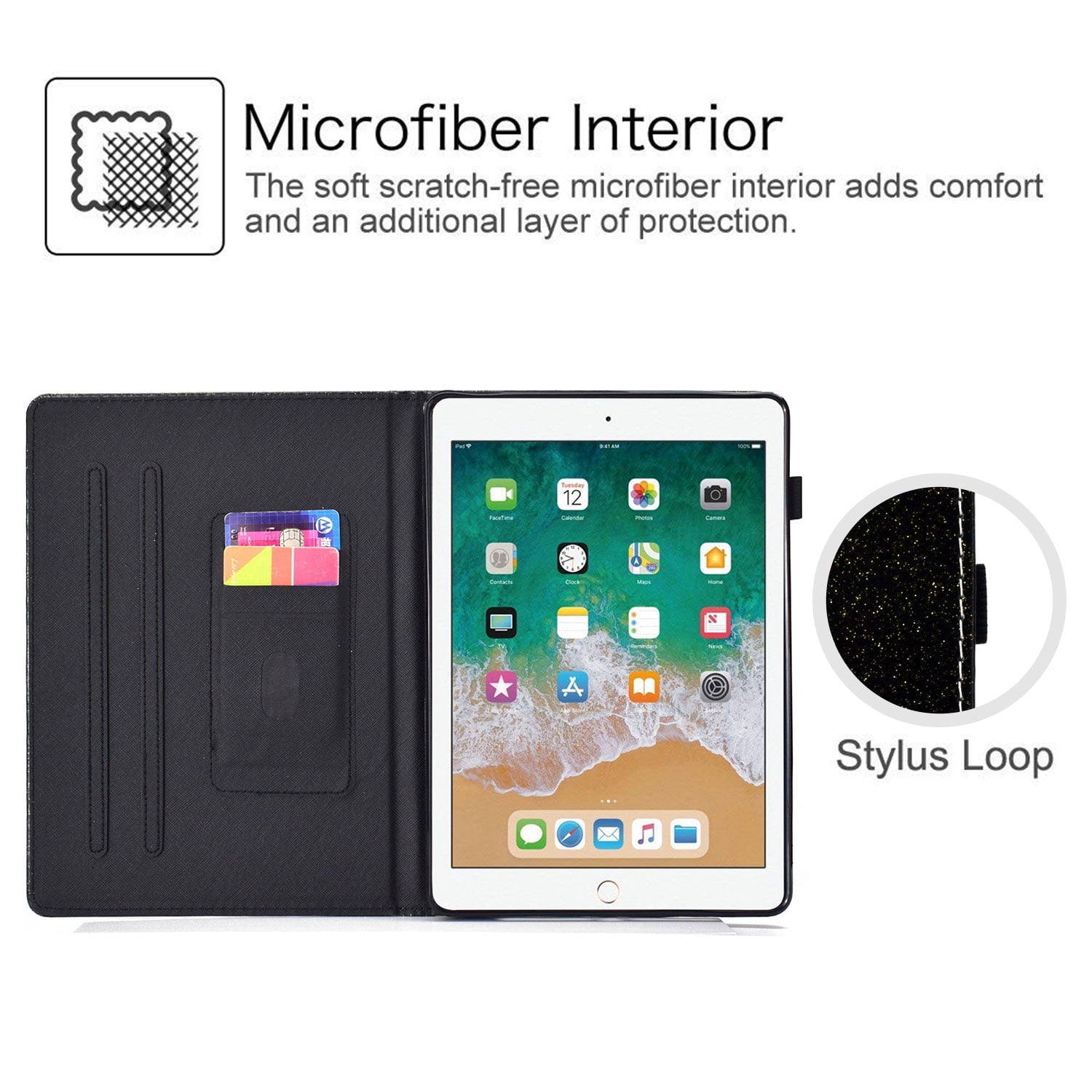 iPad 9.7 2018/2017 Case with Pencil Holder, iPad Air 1 2 Case, Allytech Glitter Leather Folio Kickstand Shock-Absorbing Auto Sleep Wake Case for Apple iPad 9.7 6th/5th Generation, iPad Air 1 2, Black