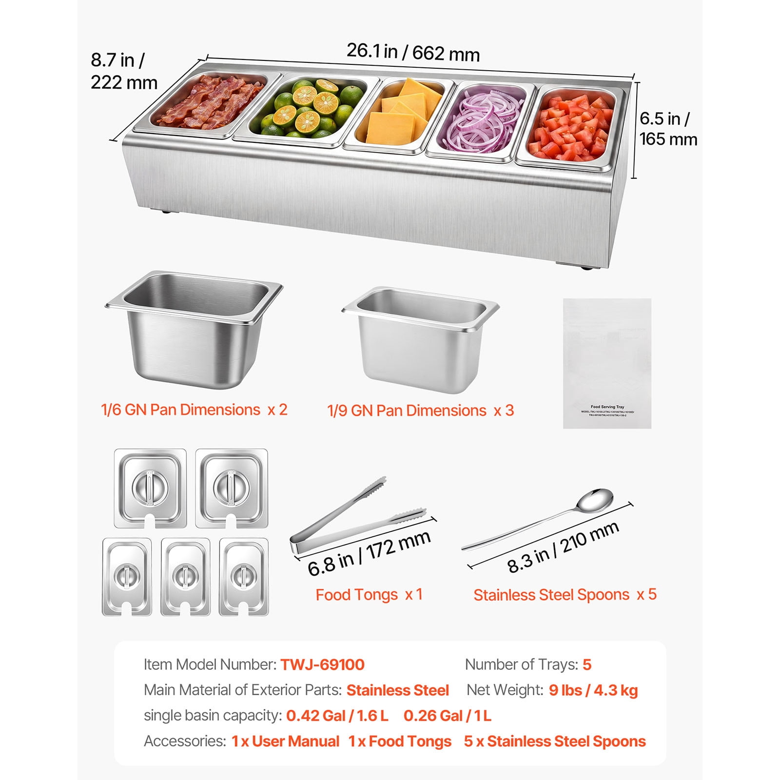 KFFKFF Countertop Food Serving Display Container, Stainless Steel Salad Server Tray, Buffet Condiment Dispenser, Ice-Cooled Rack with Individual Lids, Suitable for Restaurants,Hotels(2x1/6+3x1/9 Pan)