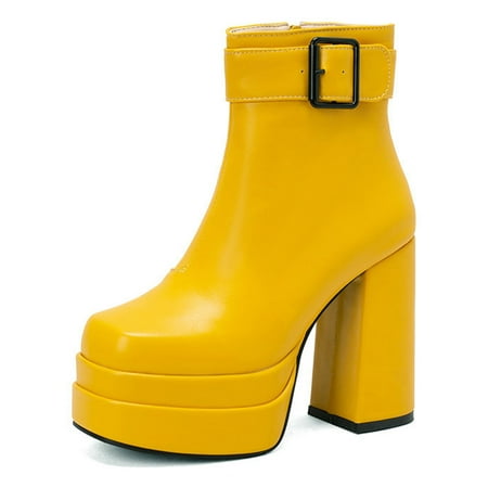 

Tenmix Women Fashion High Heels Booties Dress Belt Buckle Block Heel Shoes Work Anti Slip Chunky Heeled Boot Yellow 8
