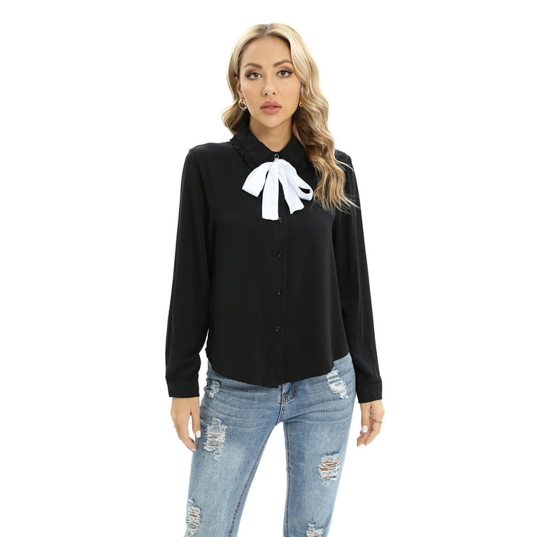 Women's High Collar Bow Tie With Long Sleeve Shirt Women's High Collar Bow Tie With Long Sleeve Shirt