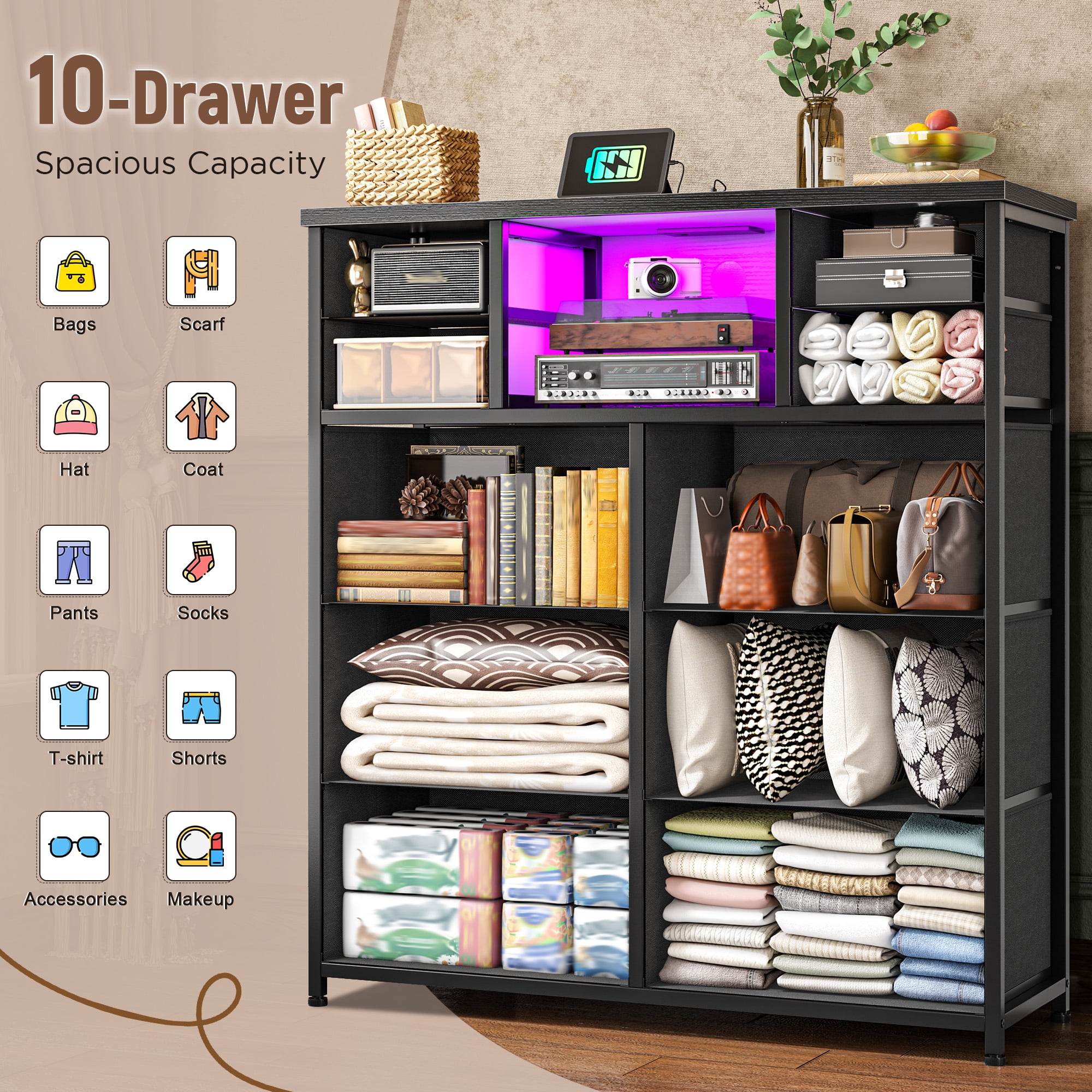 Romorgniz Tall Dresser for Bedroom with 10 Drawers Featuring LED Lights & Power Outlet Fabric Dressers & Chest of Drawers with Open Shelves, Black