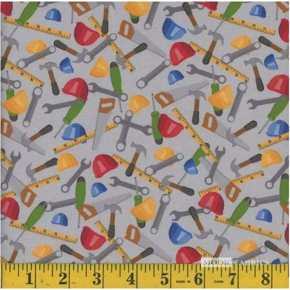 Cotton Kids Construction Tools Rulers Hammers Helmets Saws Wrenches Mook Fabrics Grey Cotton Fabric Print by the Yard (116284)