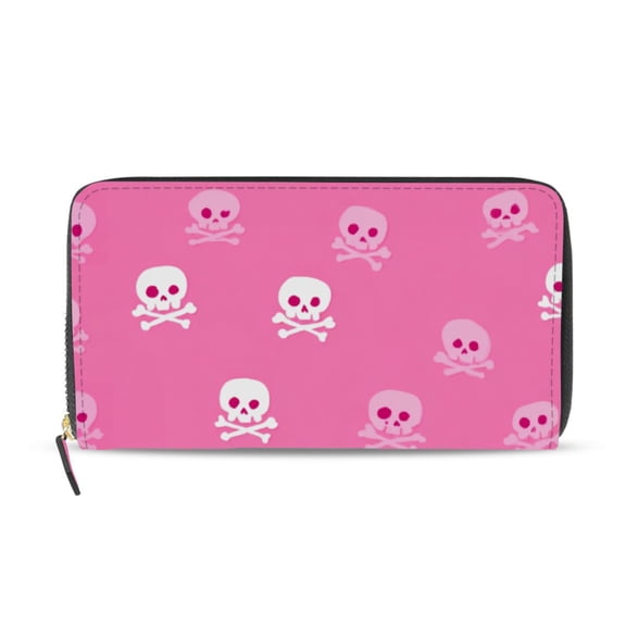 Skulls and Crossbones Pink Background Women's Long Zipper Wallet Bifold Clutch Purse PU Leather Card Cases