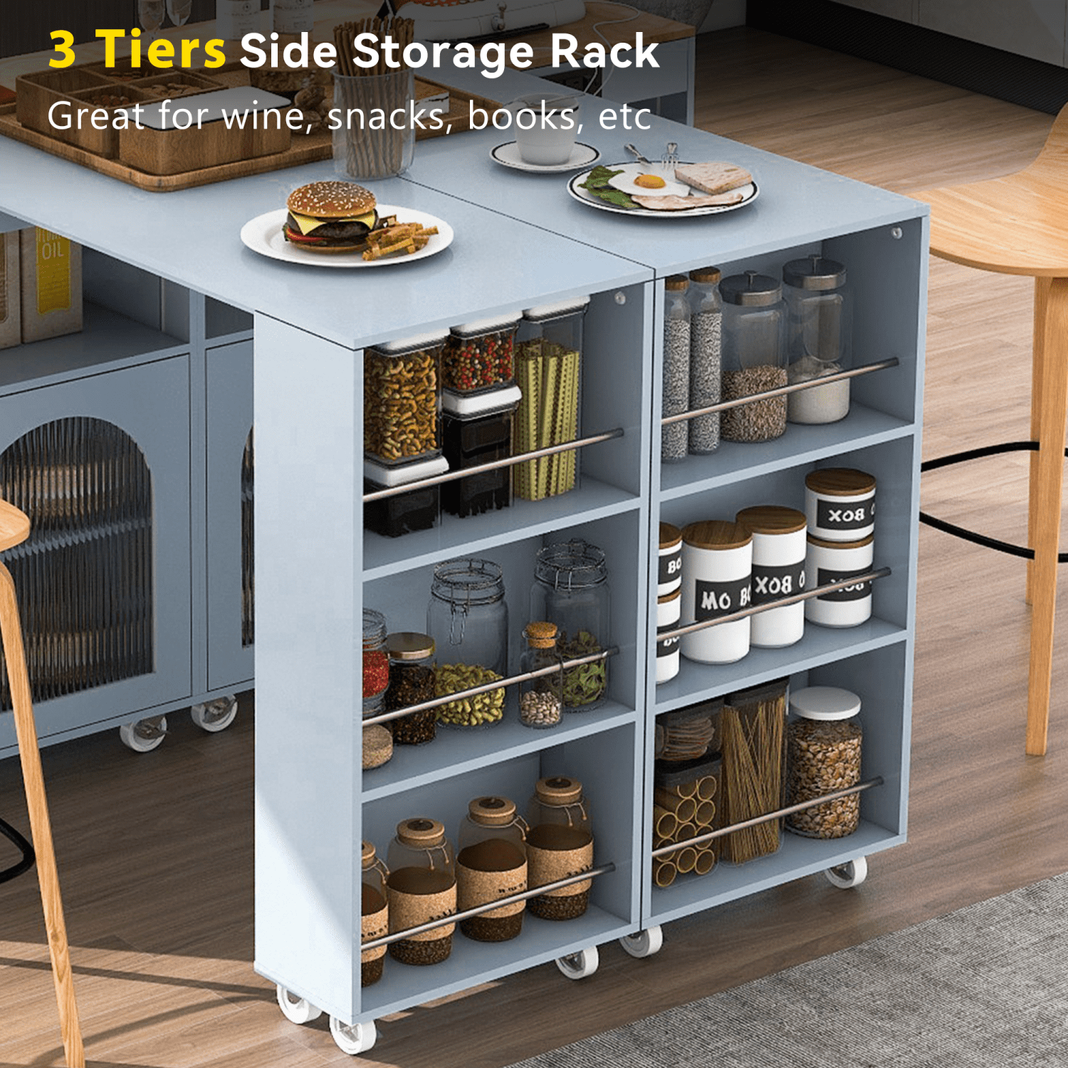 Harper & Bright Designs Rolling Kitchen Island With Extended Table, Kitchen Island on Wheels with LED Lights, Power Outlets and 2 Fluted Glass Doors, Kitchen Island with Storage Shelves, Grey-Blue