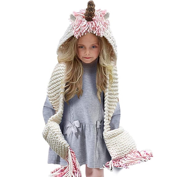 Inevnen Crochet Cartoon Unicorn Winter Hat with Scarf Pocket Hooded Knitting Beanie for Girls