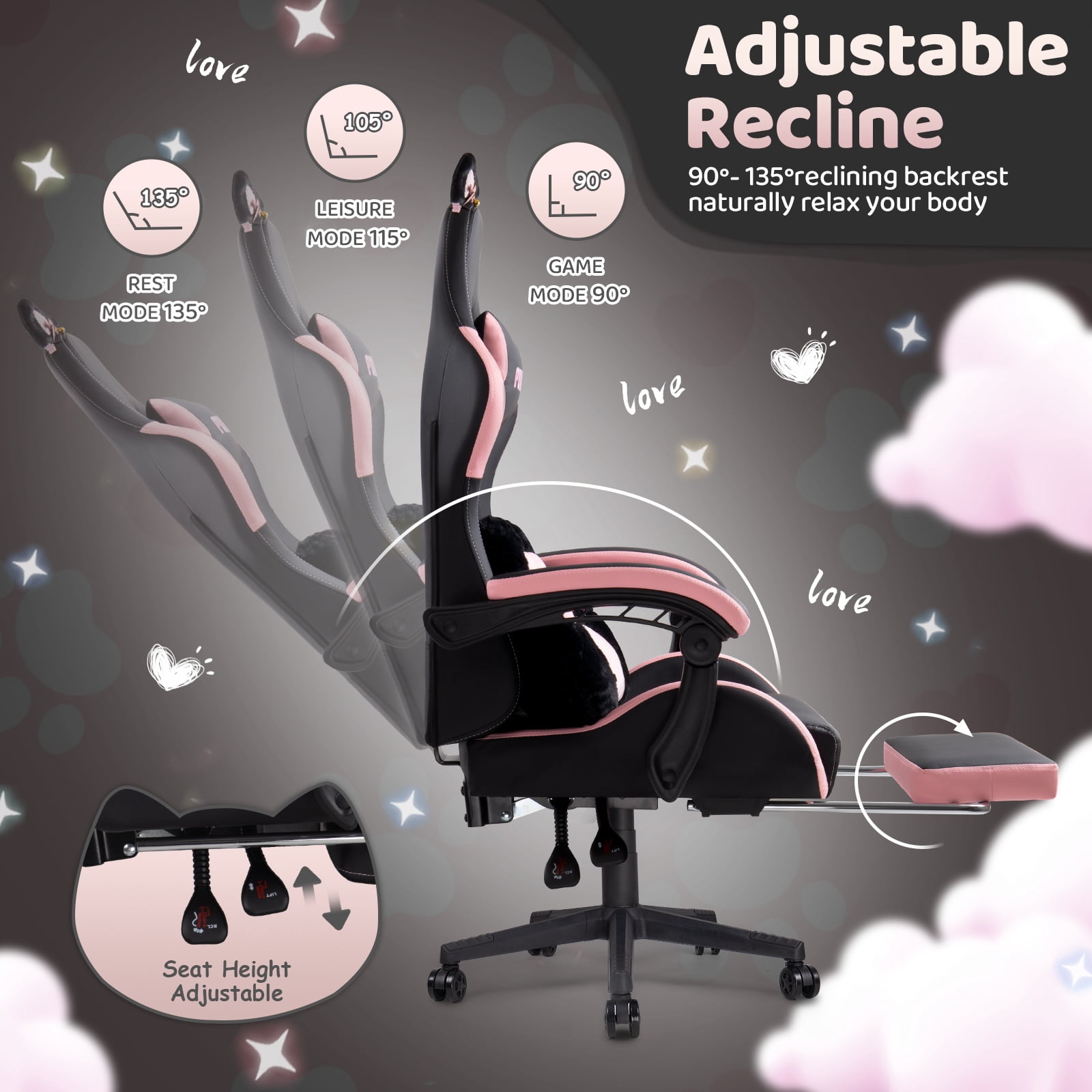 Waleaf Pink Gaming Chair with Cat Paw Lumbar Cushion and Cat Ears for Girls, Reclining Office Computer Chair with Footrest for Adults, Teens