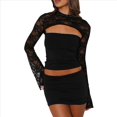 thumbnail image 3 of Top Corto de Encaje Transparente con Retazos para Mujer, Estilo Y2K, Cuello Alto, Larga Acampanada, Corte Entallado, para Salir A Discotecas y Clubes Nocturnos. Negro L, 3 of 8