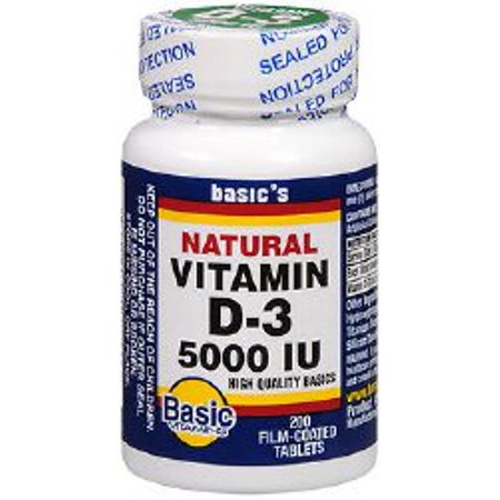 Basic Vitamins Film Coated Vitamin D3 Tablets, 5000 IU, 200 Count