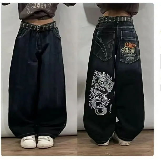 Ropa de calle Vintage de los años 90, pantalones vaqueros JNCO con ala grande bordada en negro, pantalones vaqueros holgados para mujer Y2K, nuevos pantalones anchos góticos Harajuku hip-hop