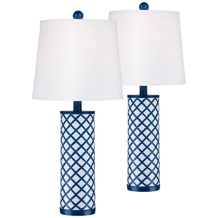 360 Lighting Modern Coastal Table Lamps Set of 2 Blue Lattice Pattern Column White Drum Shade for Living Room Bedroom Bedside