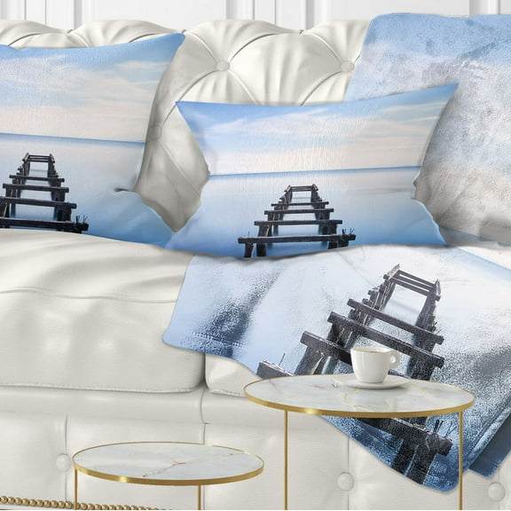 Designart Jetty Remains in Blue Lake - Seascape Throw Pillow - 12x20