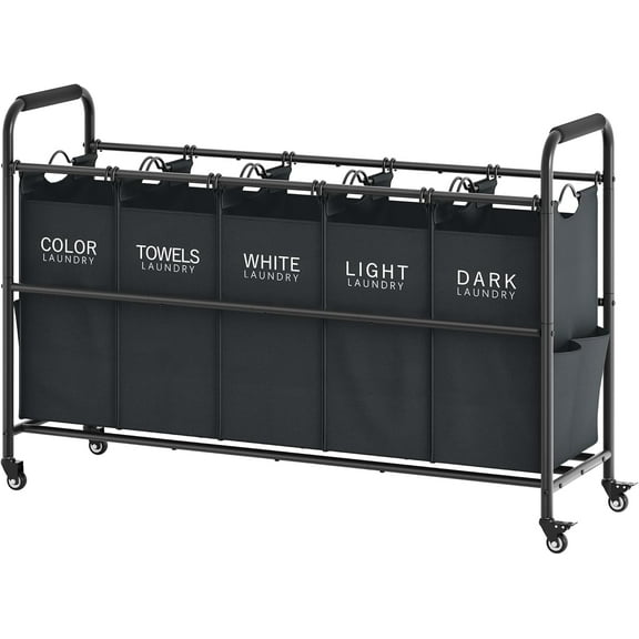5 Bag Laundry Sorter Cart, 5 Section Laundry Hamper with Heavy Duty Rolling Lockable Wheels, Laundry Basket Organizer with Removable Bags for Dirty Clothes Storage, Black