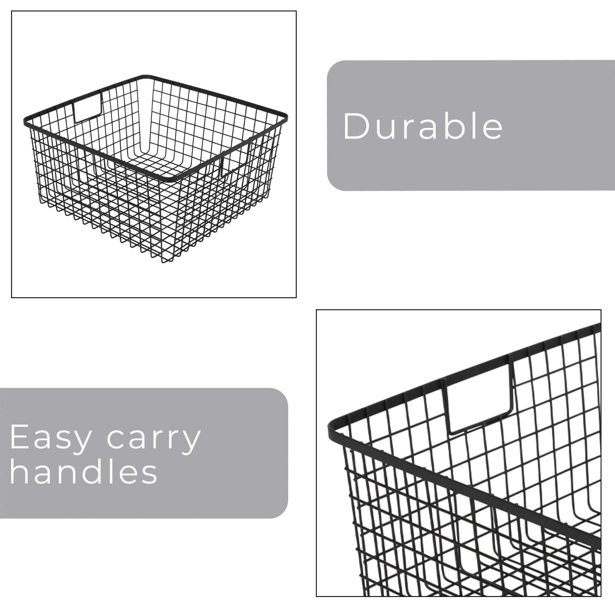 Smart Design Nestable Basket Organizer with Handles - 12 x 12 x 6 inch - Black - Set of 4
