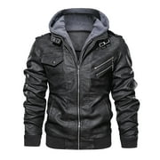 Hood Crew Men's Pu Faux Leather Jacket with Removable Hood Black L