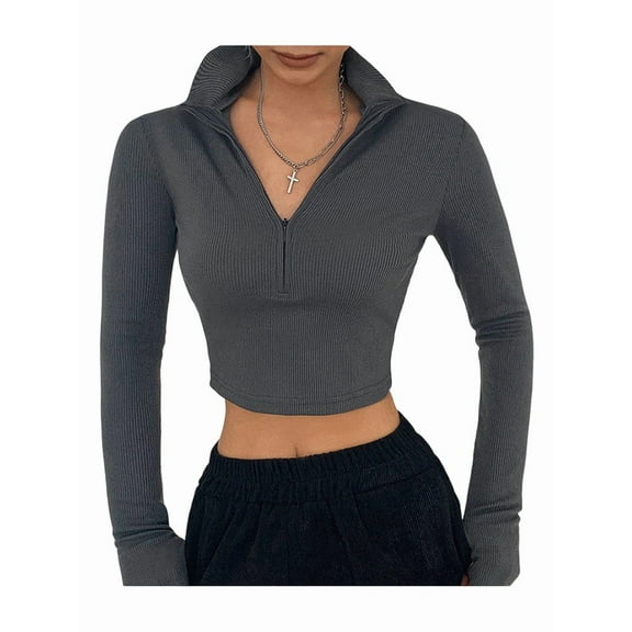 Womens Long Sleeve Shirts Business Casual Tops Collared V Neck Ribbed Knit Sweater Slim Fit Blouses Y2k Clothes Gray S