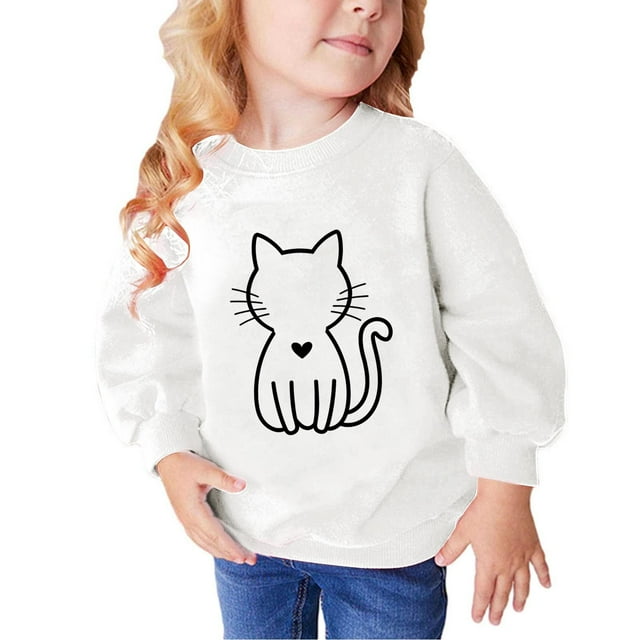RXIRUCGD Chandails pour Tout-Petits et Filles en Molleton Basique, Chandail Imprimé Chat, Tunique à Capuche, Col Rond, Manches Longues, Chandails à Enfiler, Hauts d'Automne et d'Hiver, Chandail Blanc pour Filles Taille 7-8 Ans