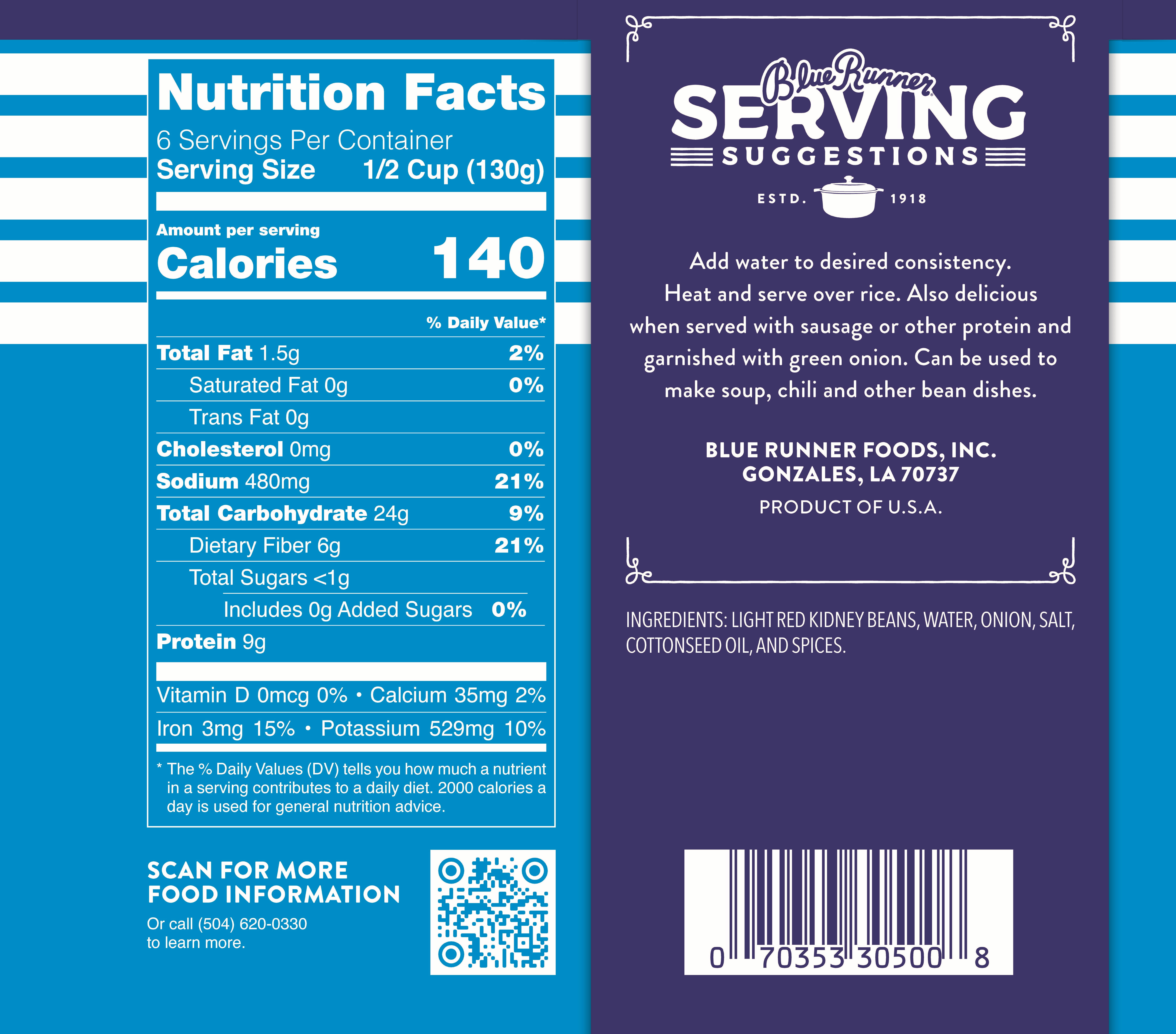 Blue Runner Creole Cream Style Red Beans, New Orleans Spicy, 27 oz Can, Heat and Serve
