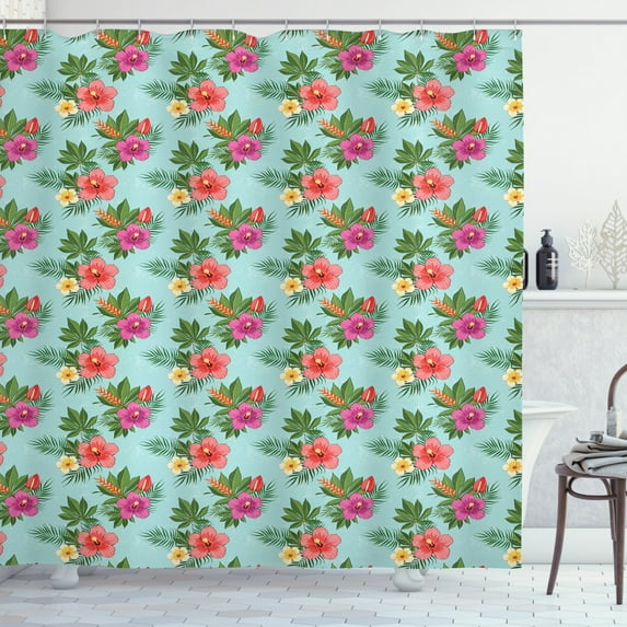 Hawaii Shower Curtain, Blossoming Hibiscus Flower with Fern Foliage Grunge Effect Retro Nature Pattern, Fabric Bathroom Set with Hooks, 69W X 84L Inches Extra Long, Multicolor, by Ambesonne