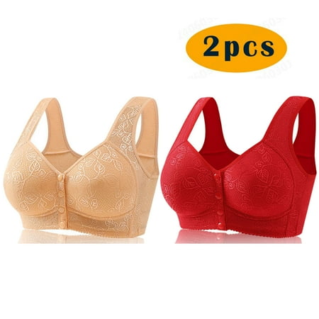 Crunowin 2Pc Women s Plus Size Bra Wireless Front Button Closure  Soft Lace Gathering Casual Comfort Bras Red 4XL