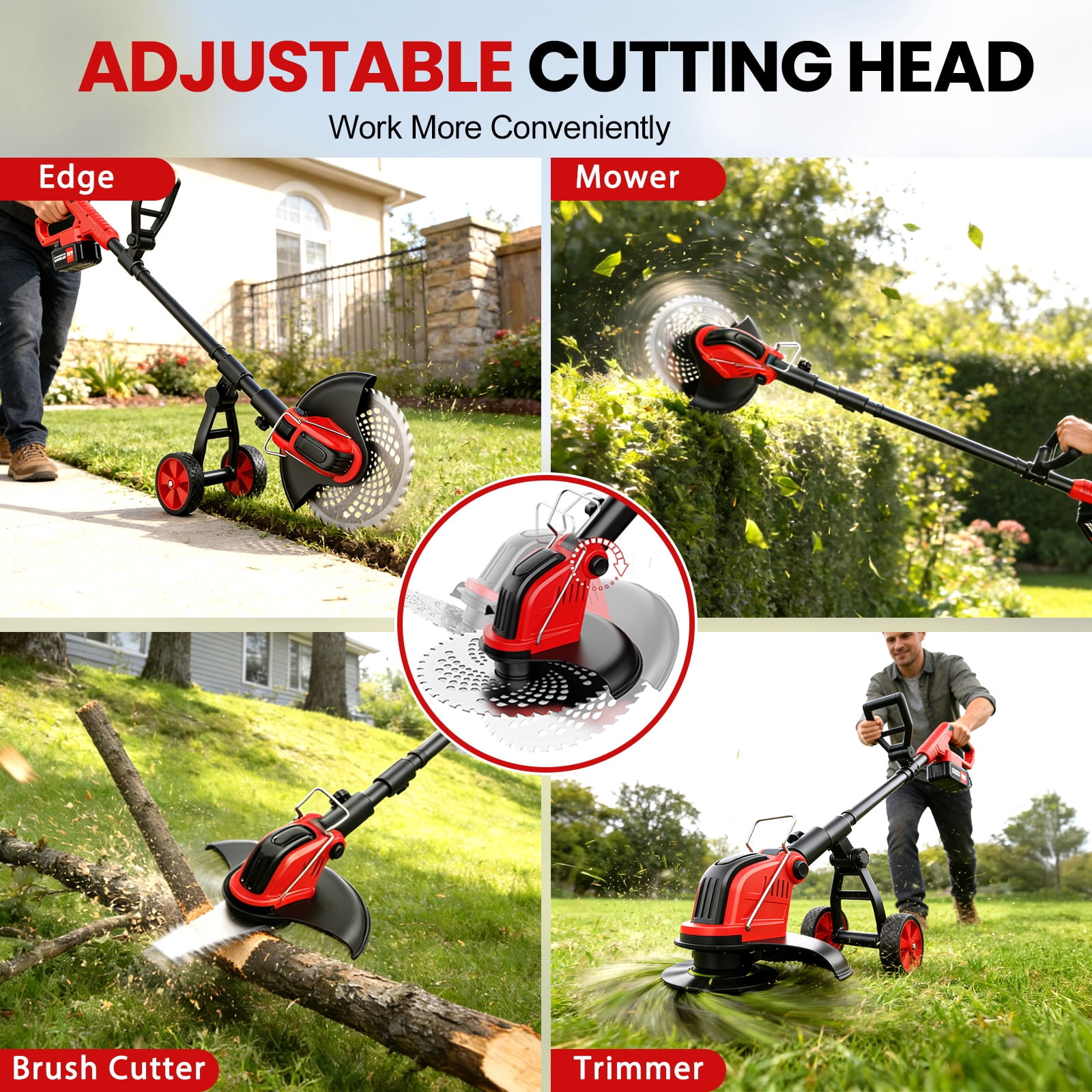 Tanbaby 12-inch Cordless Weed Wacker, Electric Weed eater with Wheels, String Trimmer with two 3.0Ah Batteries & 4 Types Cutting Blades for Lawn Garden Trimming