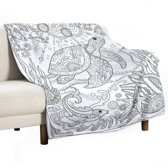 1pc Cozy Coloring Book Page Print Blanket - Soft Flannel Throw with Sea Turtle & Marine Life Design, Perfect for Sofa, Bed, Travel, Camping, Living Room & Office Use, Turtle Blanket