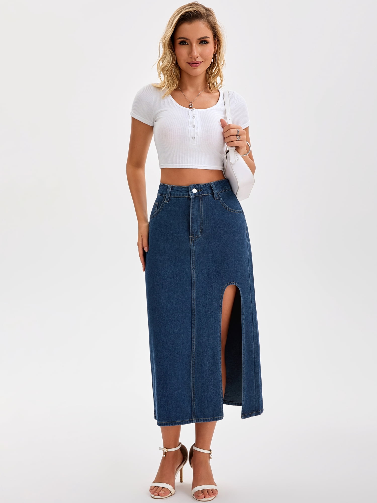 DARING DIVA Women's Long Denim Spring Slit Midi Jean Skirts XX-Large Dark Blue