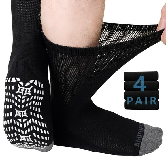 AMITOFO Non-Binding Diabetic Socks for Men and Women, 4 Pairs Loose Fit Cotton Crew Socks with Anti-Slip Grips,Comfort and Safe Gripper Socks for Elderly,Black