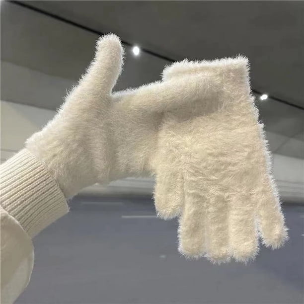 Guantes cálidos de ciclismo de invierno con imitación de piel de conejo de felpa, guantes de terciopelo para mujer, lindos guantes de color sólido a prueba de frío con los dedos