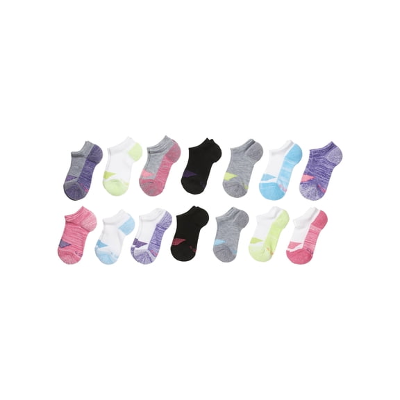Hanes Ultimate Girls' No Show Socks, Moisture Wicking, 14-Pairs Assorted S
