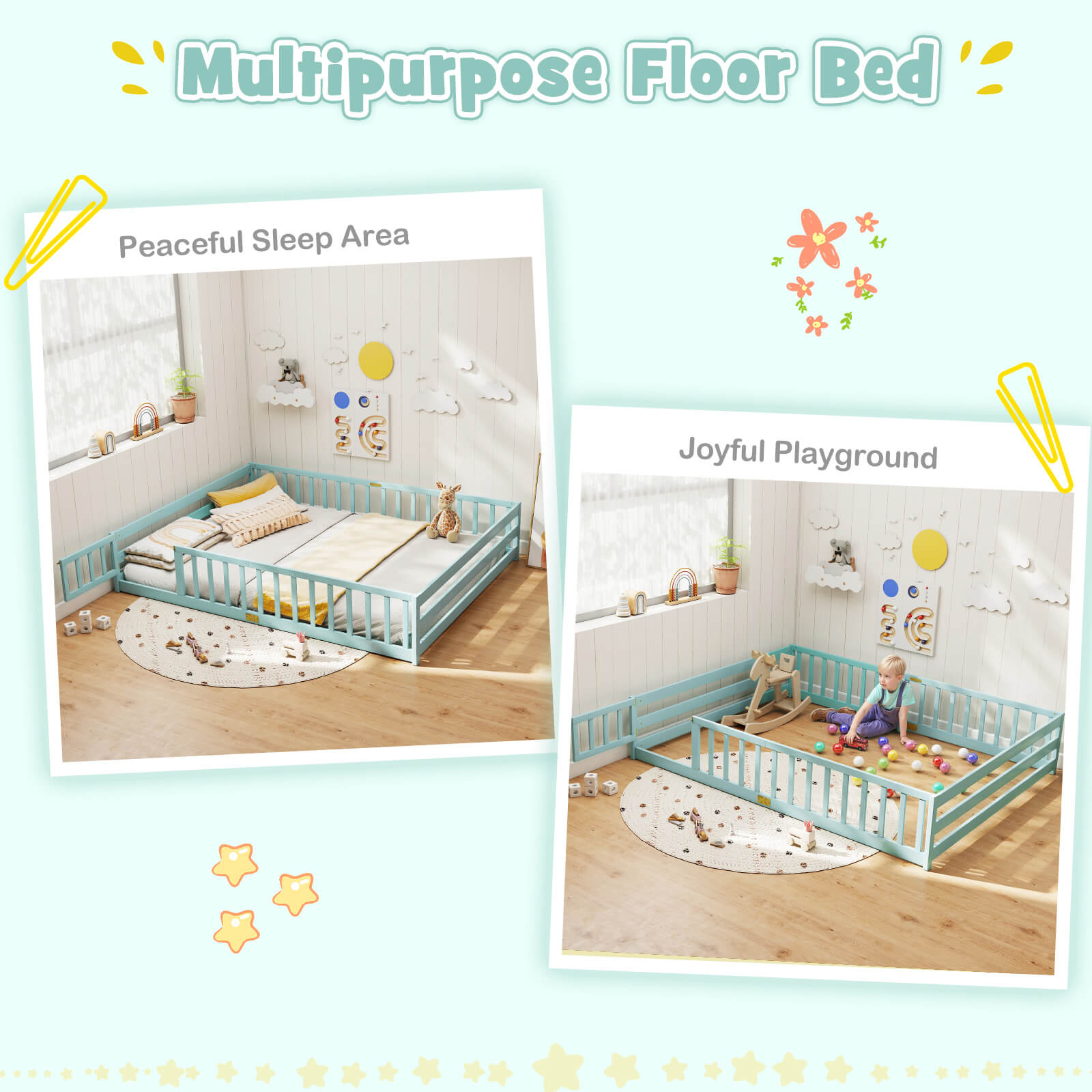 Costway Queen Size Floor Bed with Full Length Safety Guardrails & Door for Boys, Girls Icy Aqua