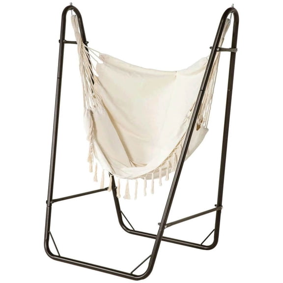 Yardi Yarda Hammock Chair with U Shape Stand, Hammock Swing Chair with A Side Pocket for Outdoor, Brown & Cream White