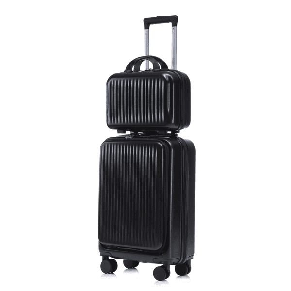 14"/20" in ABS Spinner Wheel Luggage, 2Pcs/Set with Combination Lock and Front Opening Design, 14" Cosmetic Case (Black)