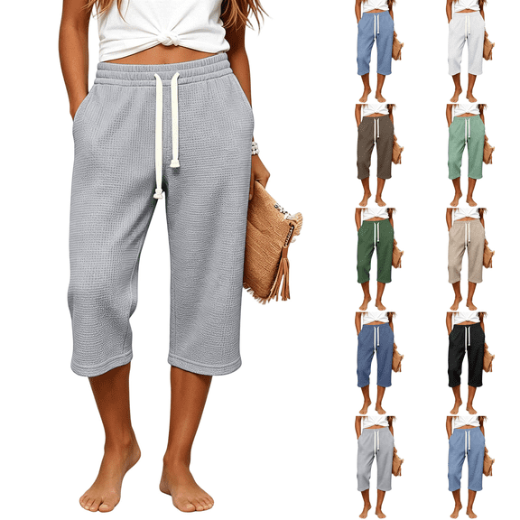 Women Capri Pants Casual Waffle Knit Workout Wide Leg Pajama Pull On Pants Capris Sweatpants Sports Petite Gaucho Pants Light Gray M