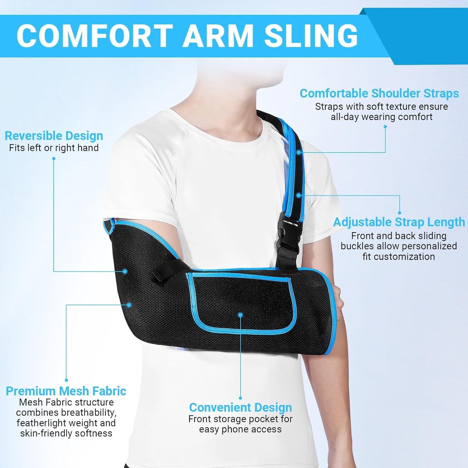 1 Pcs Arm Sling Shoulder Immobilizer for Women and Men, Adjustable Shoulder Sling for Torn Rotator Cuff Brace, Fits Left or Right, for Shoulders, Arm, Wrist, Elbow, and Clavicle Injury, Blue