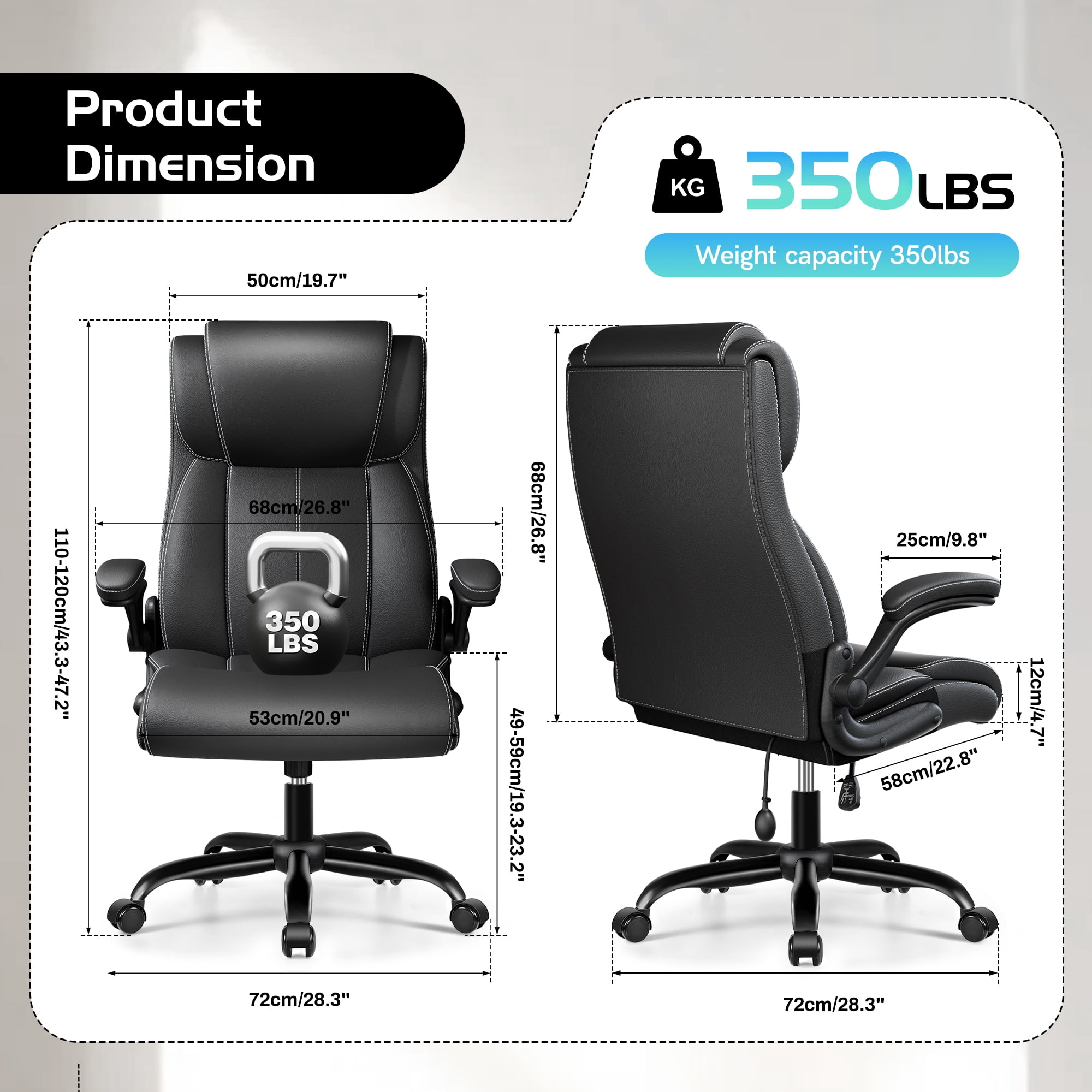 COOLHUT Big and Tall Office Chair 350LBS, Comfy Heavy Duty Executive Desk Chair with Adjustable Lumbar Support, Higth Back Computer Home Office Chair with Padded Flip -up Arms, Black