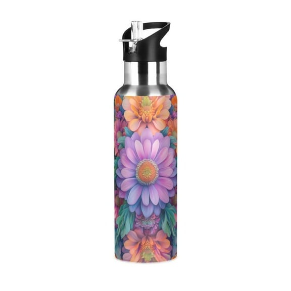 Yayeee 20oz Double Wall Stainless Steel Water Bottle with Flip Straw, Light Purple Flowers
