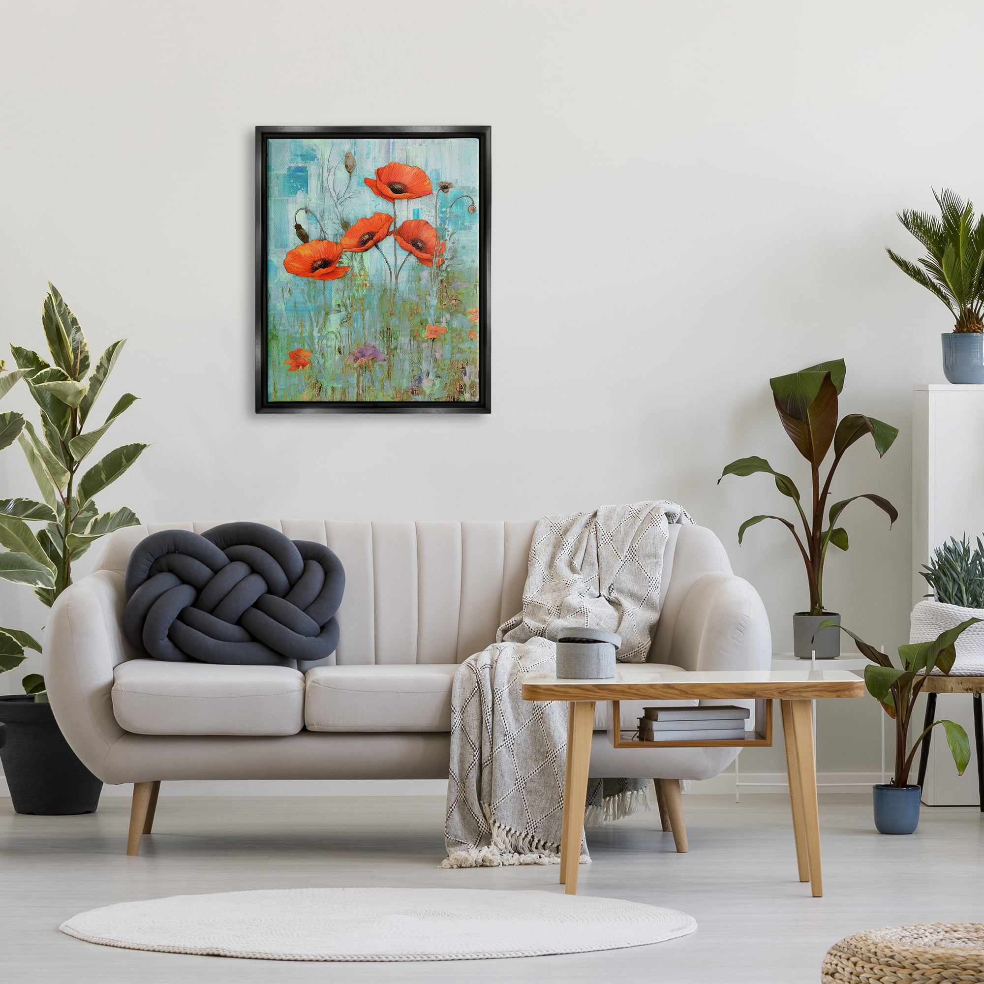 Stupell Industries Poppy Meadow on Blue Botanical & Floral Painting Black Floater Framed Canvas Art Print Wall Art, 25 x 31