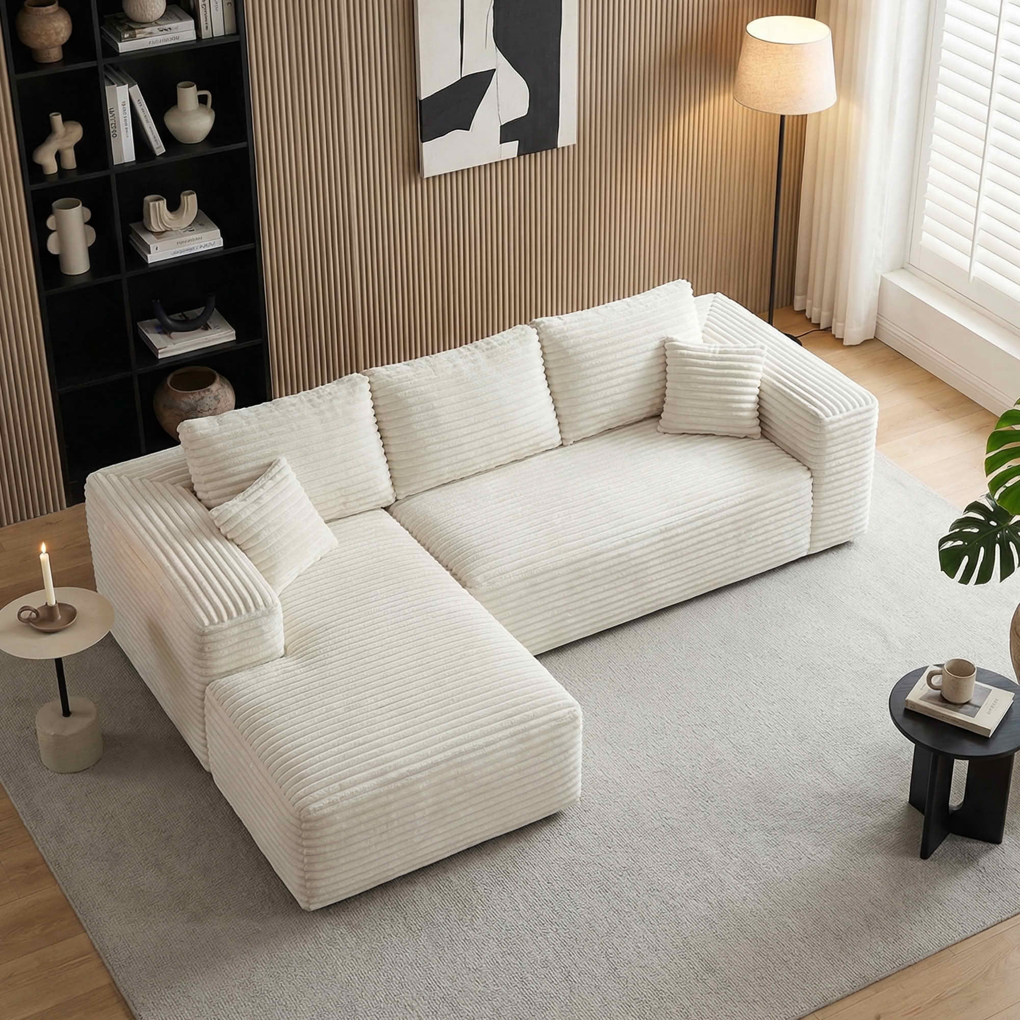 MAYEERTY 107" Cloud L-Shaped Modular Sectional Sofa with Left Facing Chaise, Plush Corduroy Deep Seat 3-Seater Couch, Cloud Sofa for Living Room, Apartment & Bedroom, No Assembly Required, White