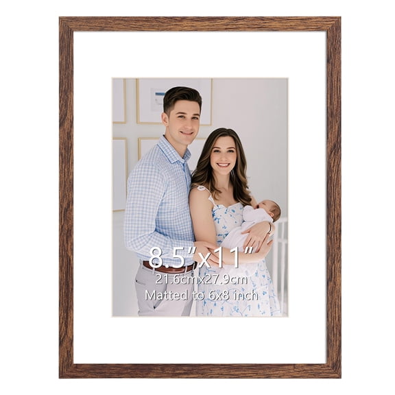 6x8 Picture Frame, 8.5x11 Picture Frame without Mat or 6x8 Picture Frame with Mat for Wall Mount, Brown